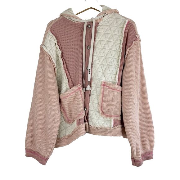POL Mixed Fabric Hooded Button Down Shacket in Pink/Beige Sz L - Picture 4 of 13
